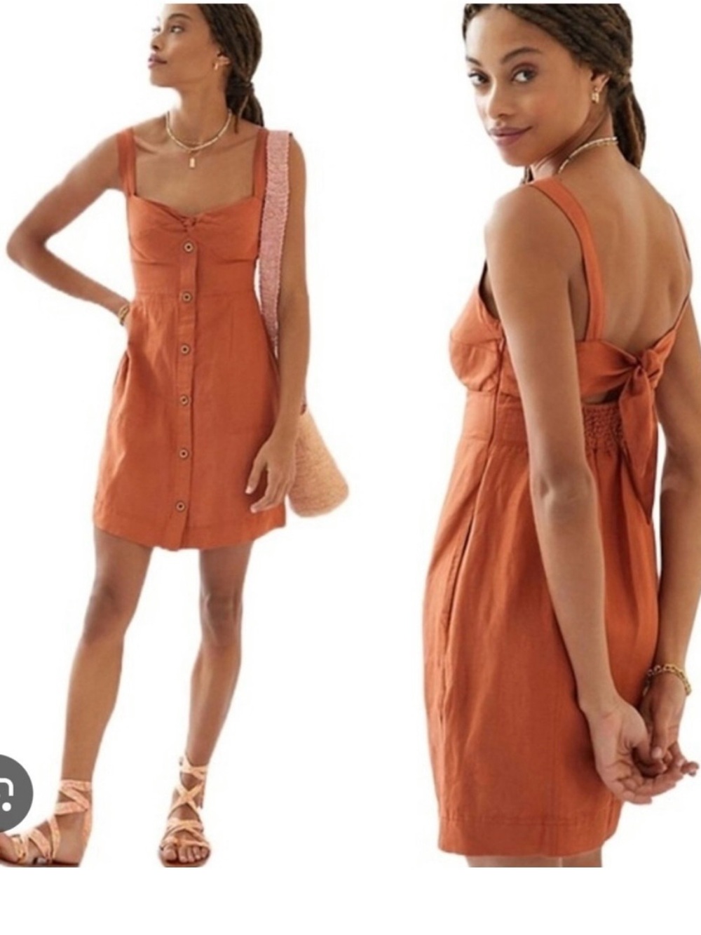 Anthropologie Maeve Rust Linen Blend Button Front Dress with beautiful back tie